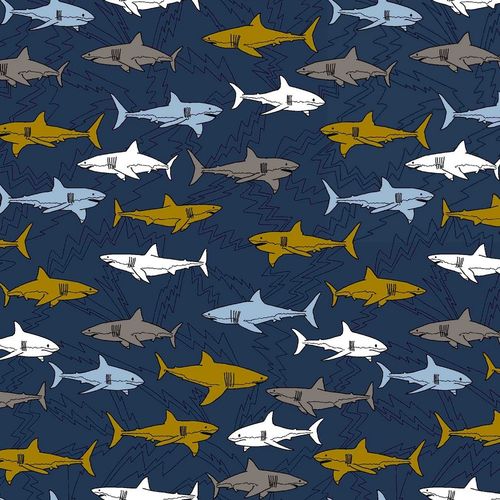 Hai-Invasion auf blau, Bio-Baumwolljersey