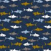 Hai-Invasion auf blau, Bio-Baumwolljersey