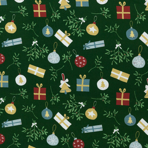 Feliz Navidad, Jersey, Geschenke und Weihnachtskugeln dunkelgrün - REST 1,15m