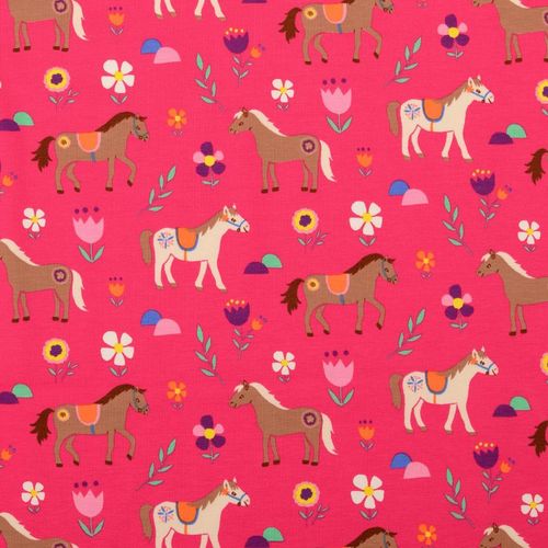 Pferde auf der Blumenwiese, pink, Baumwoll-Jersey