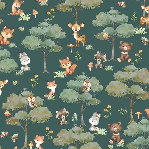 Cute Forest Animals, French Terry, dunkelgrün